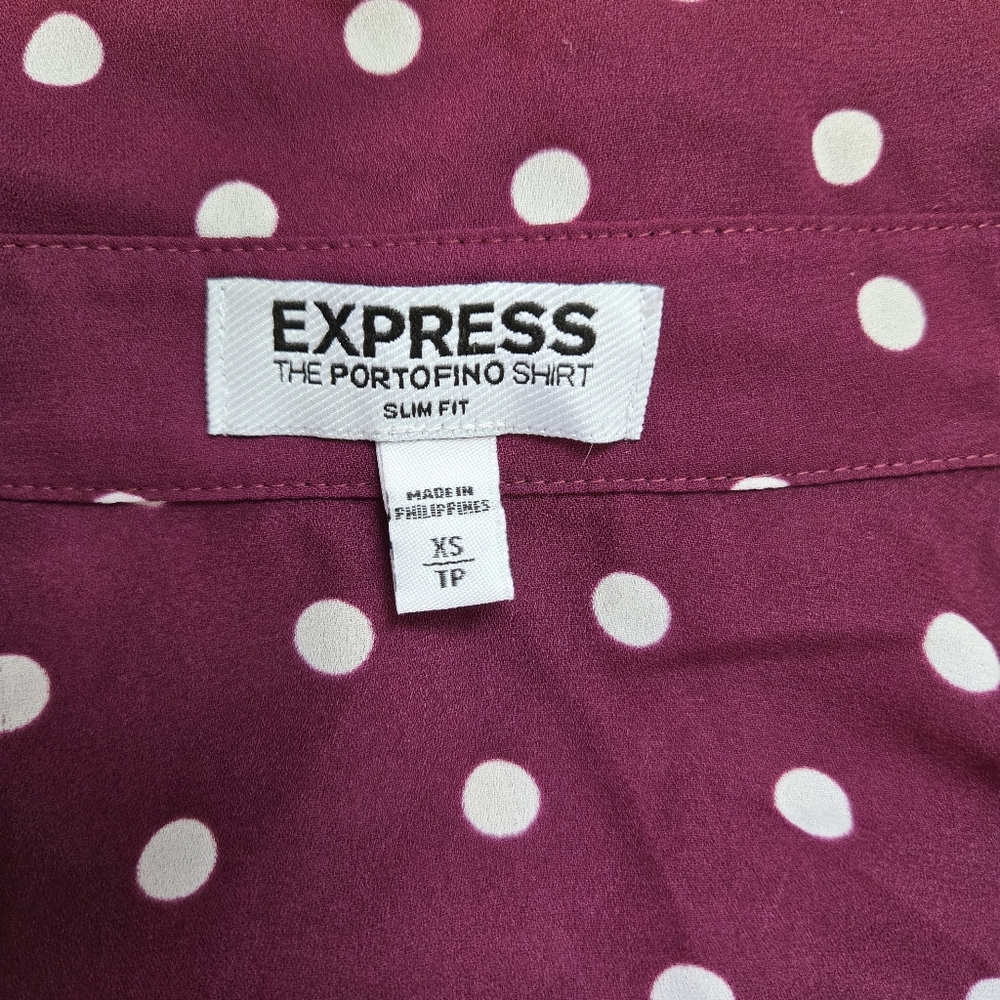 Express Womens Slim Fit Portofino Burgundy Polka Dot Long Sleeve Chiffon‎ Top XS - Picture 3 of 10